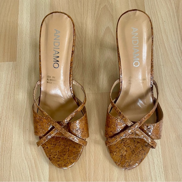 Andiamo Women's Patent Cork Slip On Strappy Heels Wrap Sandals Open Back, Brown - Picture 4 of 9